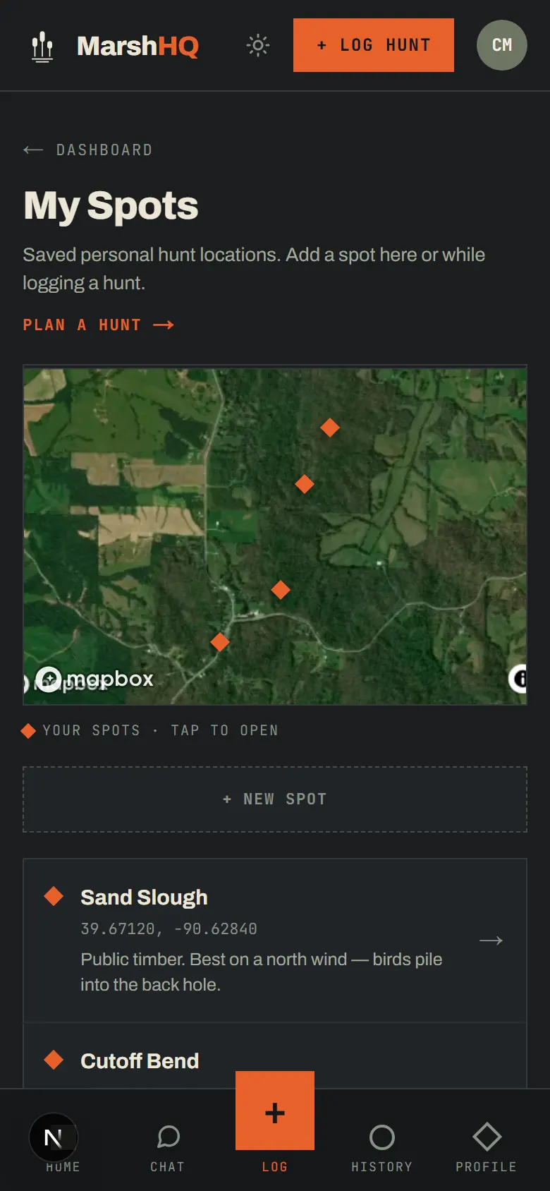 MarshHQ spot detail screen showing wind direction and pressure-trend breakdowns for a saved hunting location