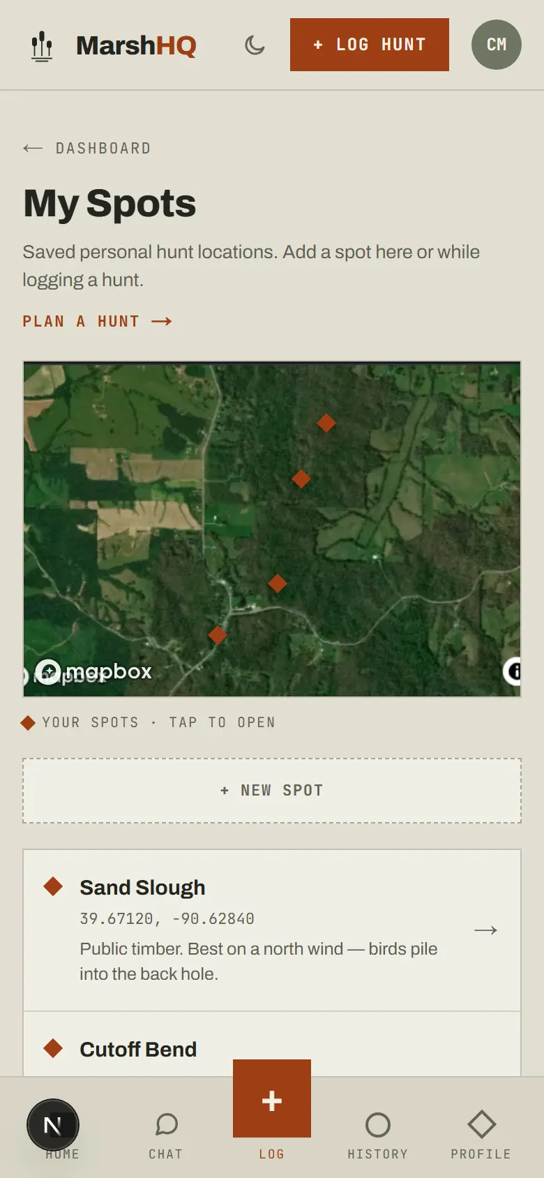 MarshHQ spot detail screen showing wind direction and pressure-trend breakdowns for a saved hunting location